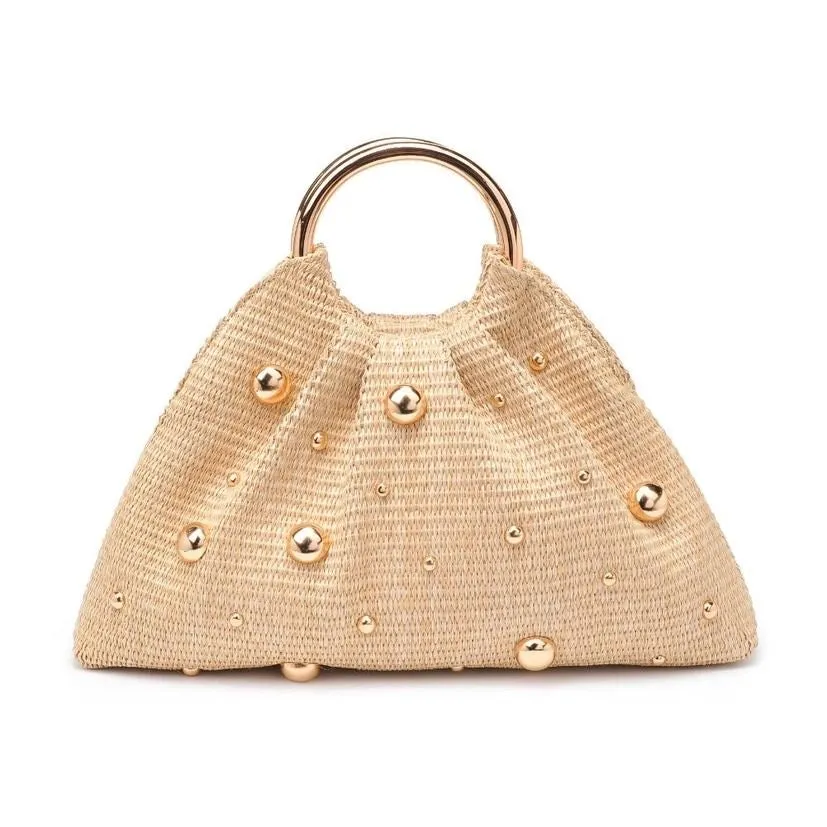 Bellie Gold Bead Detail & Handle Straw Clutch Handbag