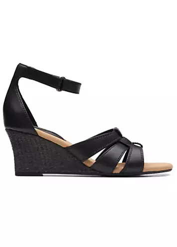 Clarks Collection Kyarra Joy Wide E Fitting Black Leather Wedge Sandals | Kaleidoscope