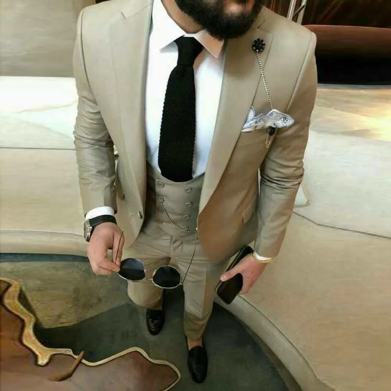 Elegant Three Piece Men's Suit Double Breasted Vest Khaki