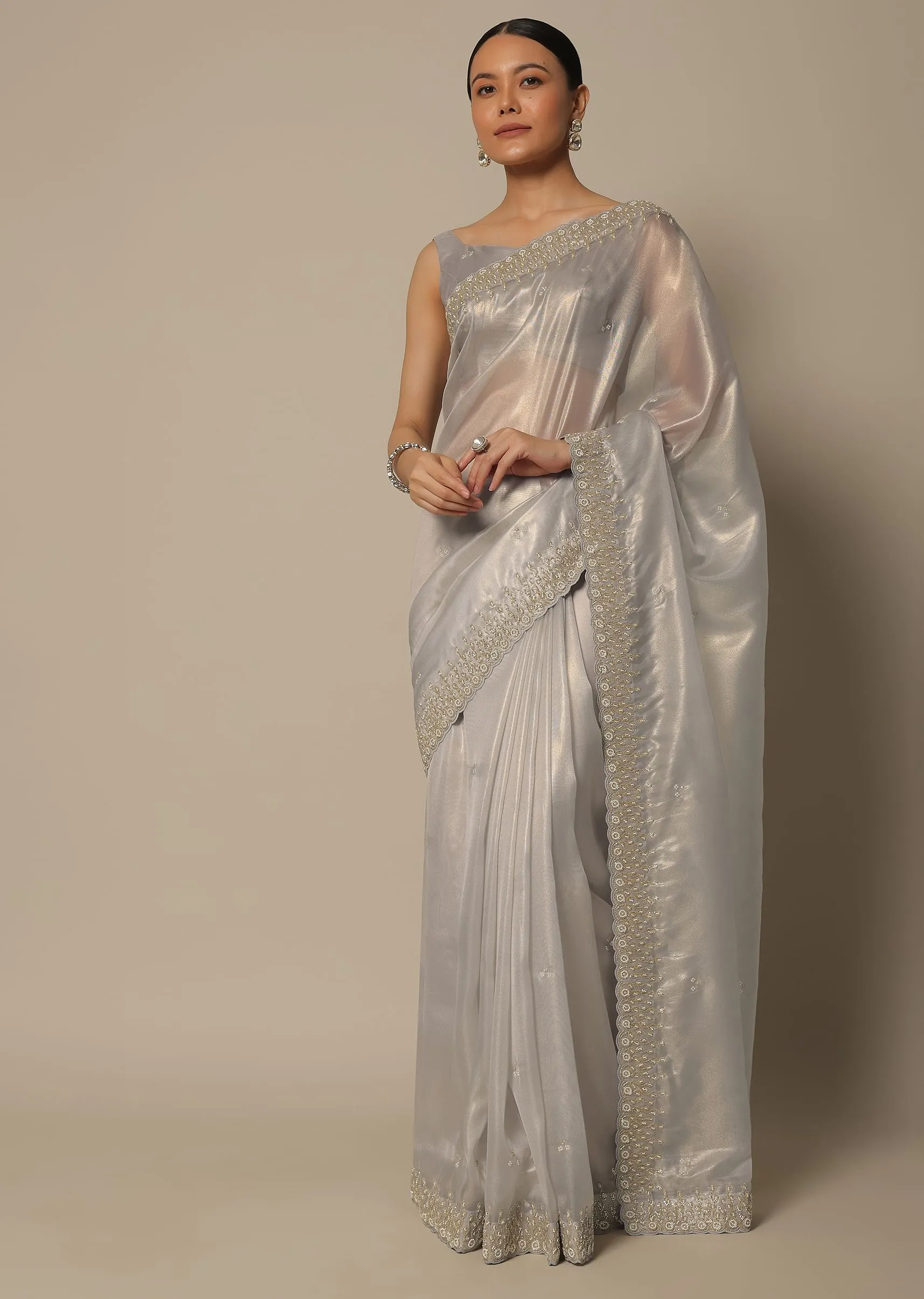 Light Grey Tissue Saree With Bead And Cutdana Work And Unstitched Blouse Piece