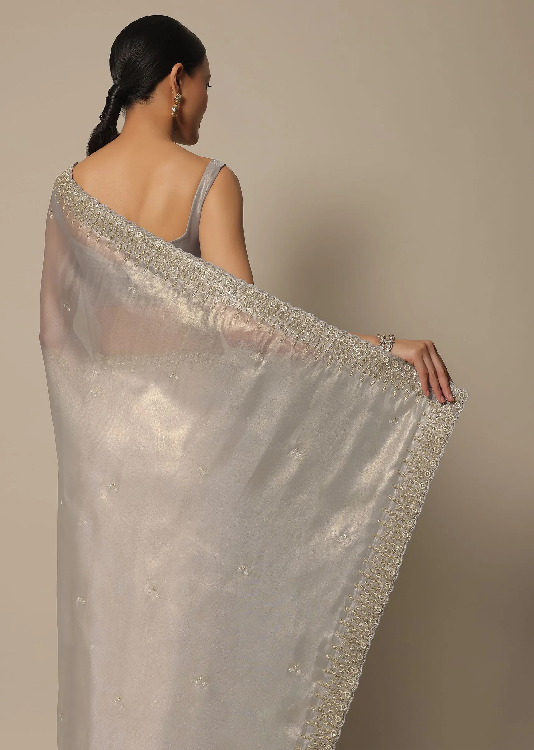 Light Grey Tissue Saree With Bead And Cutdana Work And Unstitched Blouse Piece