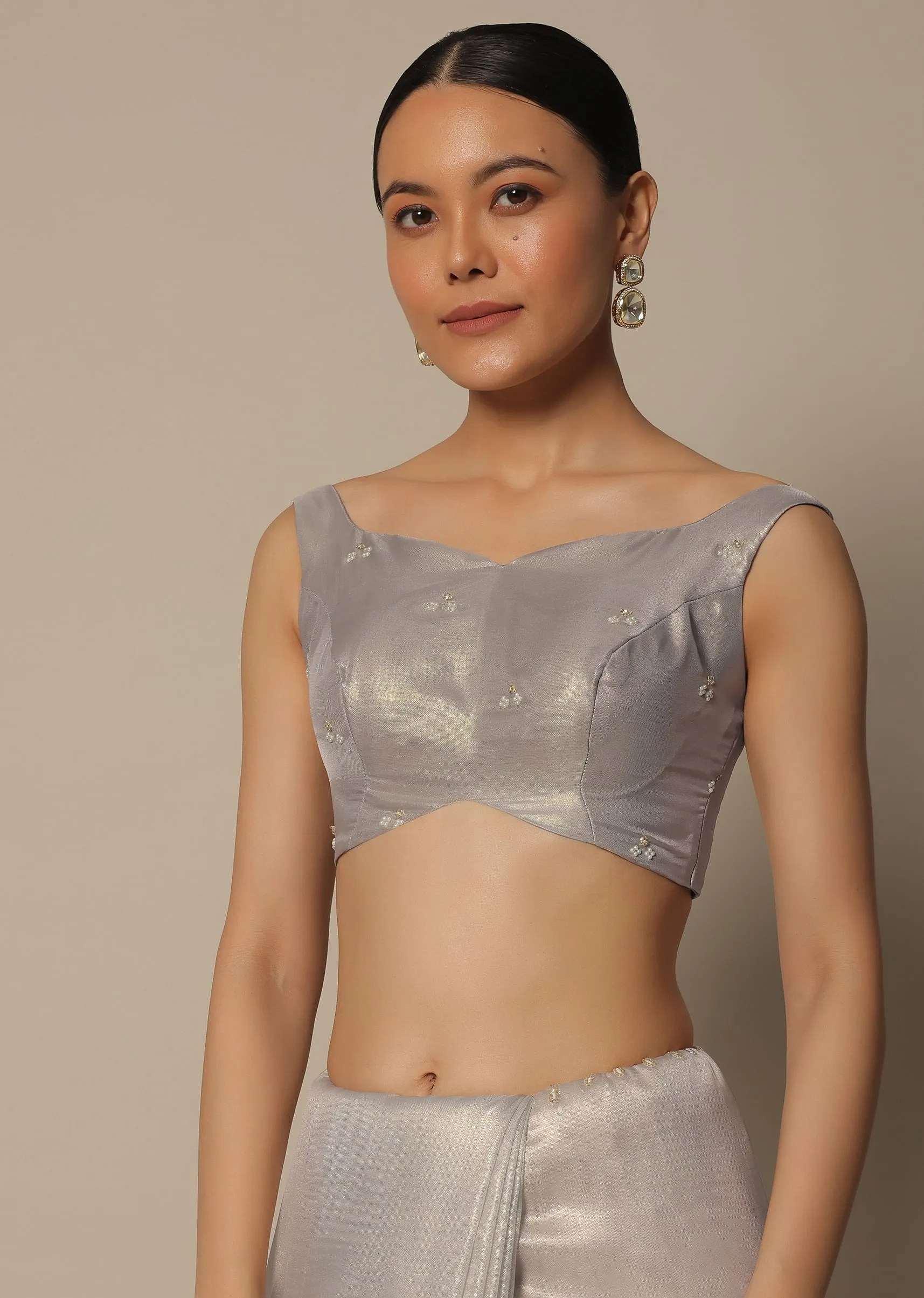 Light Grey Tissue Saree With Bead And Cutdana Work And Unstitched Blouse Piece