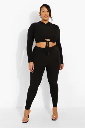 Plus Knot Front Crop Hoodie And Legging Set