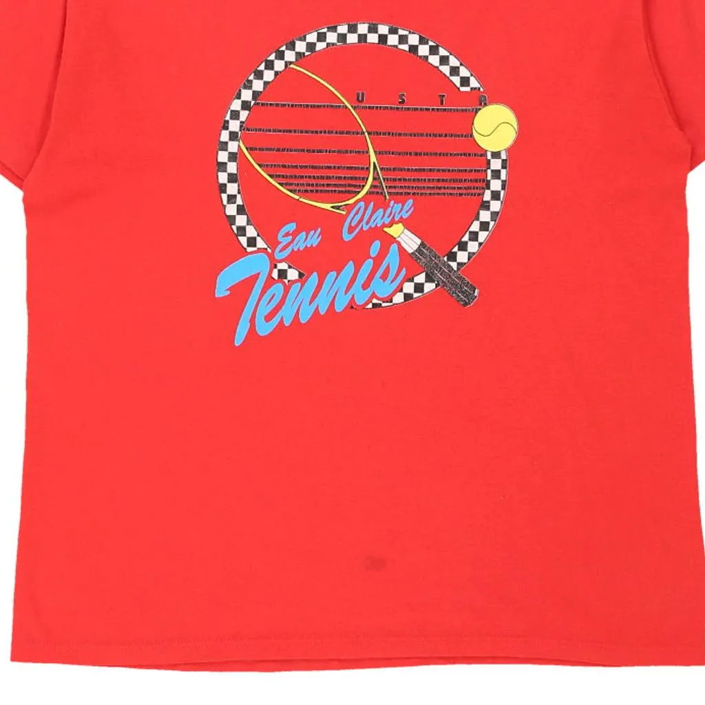 Single Stitch Eau Claire Tennis.  Russell Athletic Graphic T-Shirt - Large Red Cotton