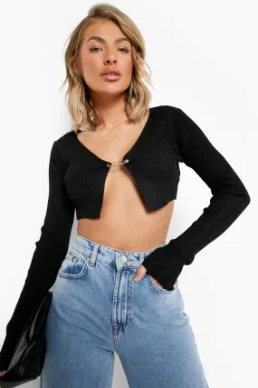 Super Crop Clasp Detail Rib Knit Cardigan