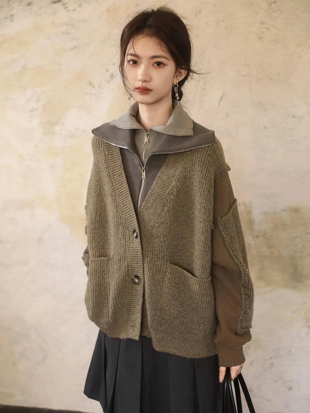 V-Neck Patchwork Knitted Cardigan