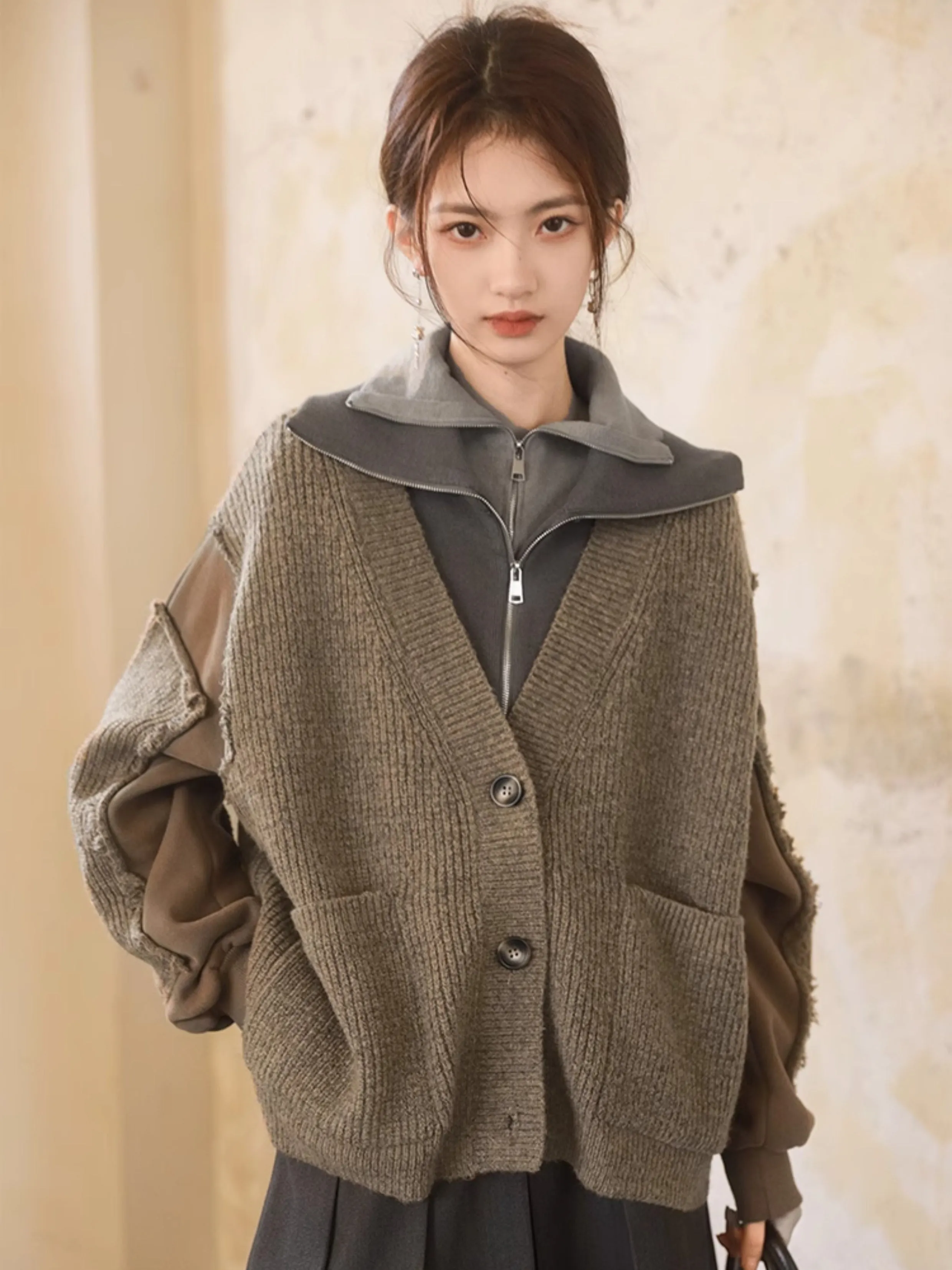 V-Neck Patchwork Knitted Cardigan