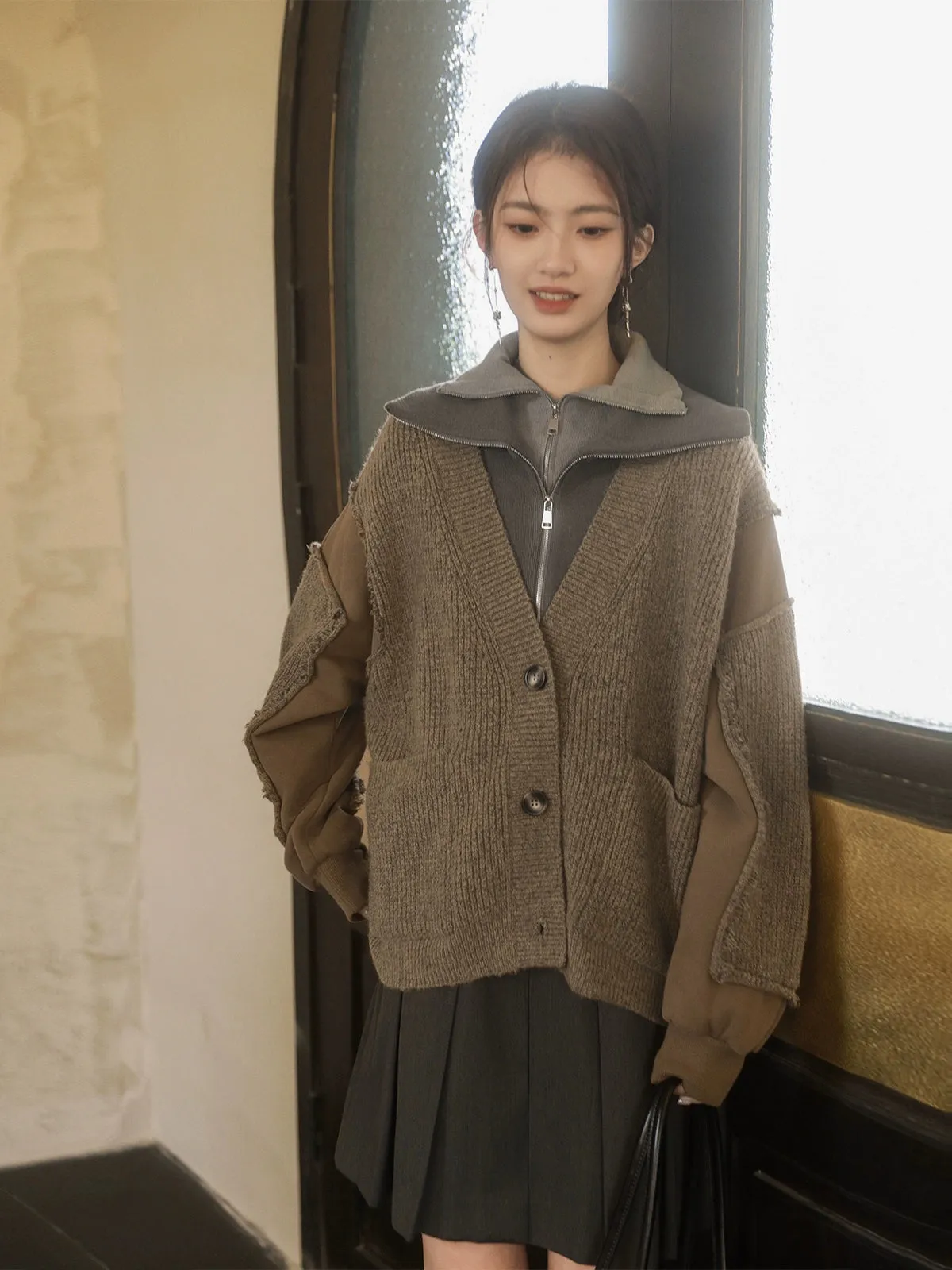 V-Neck Patchwork Knitted Cardigan